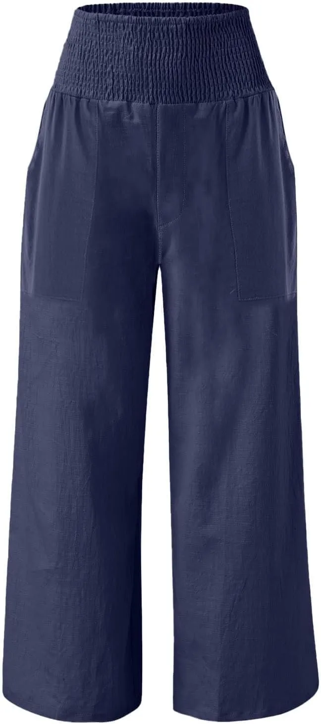 Womens Linen Pants Smocked High Waisted Wide Leg Palazzo Pants Elastic Waist Flowy Boho Beach Trousers with Pockets