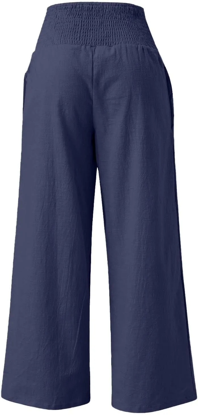 Womens Linen Pants Smocked High Waisted Wide Leg Palazzo Pants Elastic Waist Flowy Boho Beach Trousers with Pockets