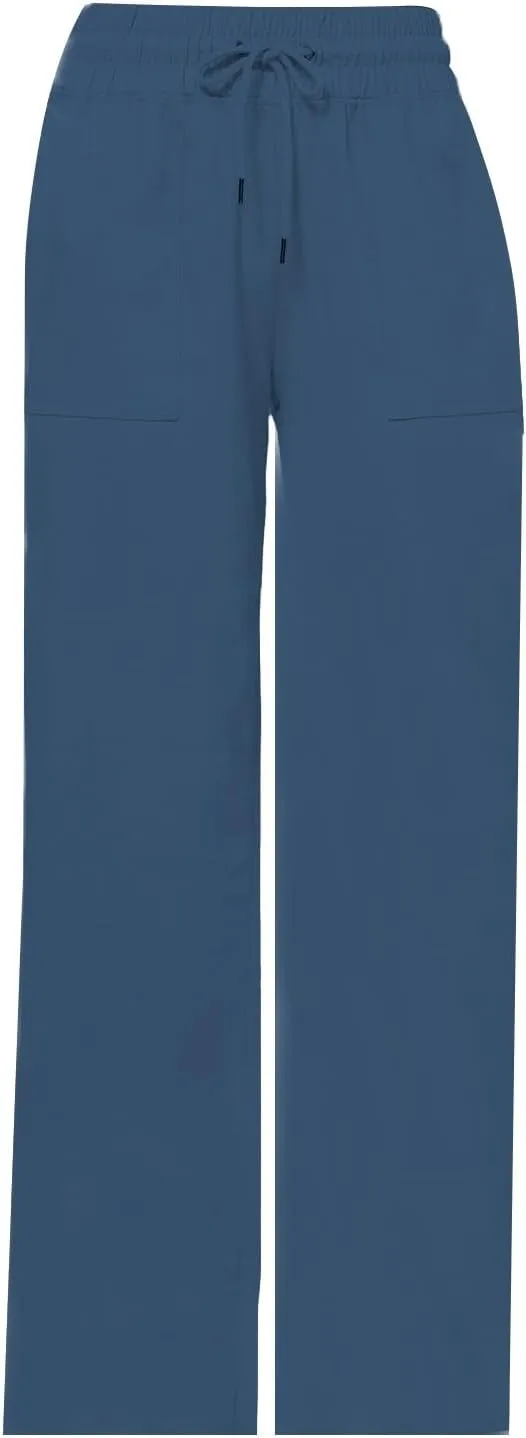 Womens Linen Pants Wide Leg Elastic High Waist Pants Summer Casual Work Long Trousers with Pockets Lounge Wear