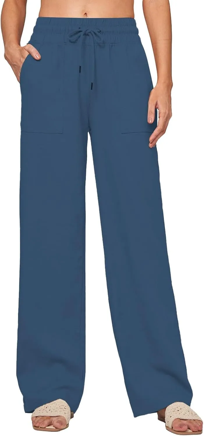Womens Linen Pants Wide Leg Elastic High Waist Pants Summer Casual Work Long Trousers with Pockets Lounge Wear