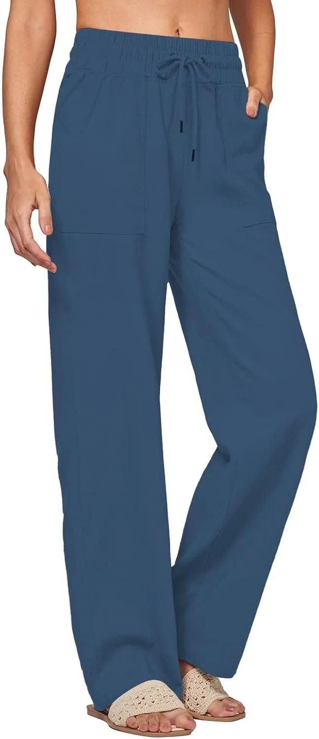 Womens Linen Pants Wide Leg Elastic High Waist Pants Summer Casual Work Long Trousers with Pockets Lounge Wear