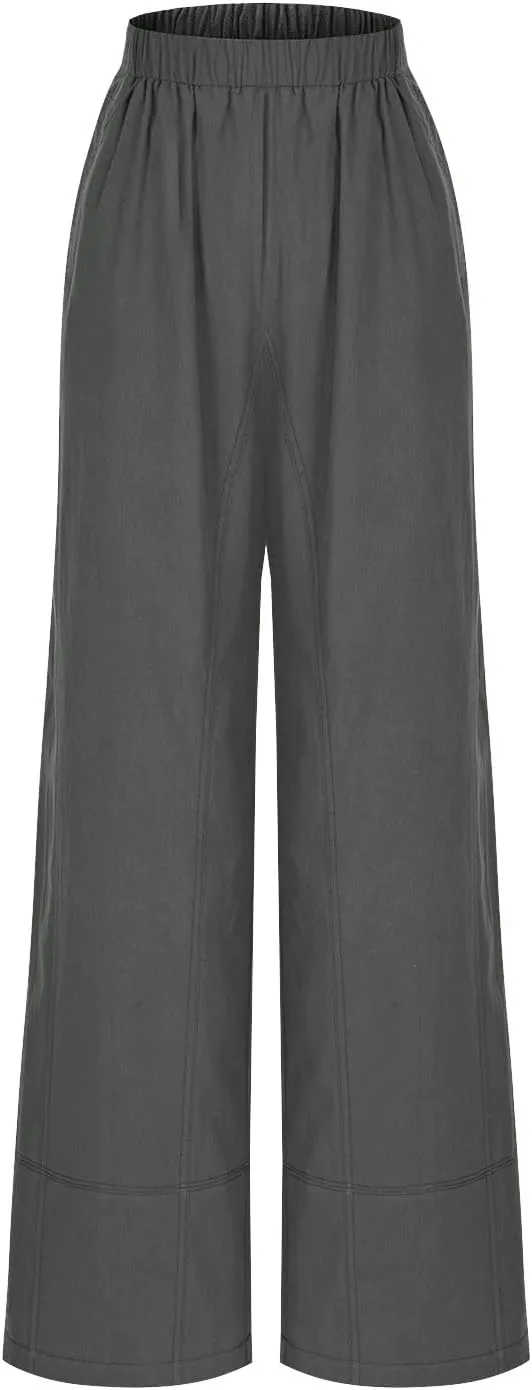Womens Linen Pants with Pocket Summer High Waist Casual Wide Leg Pants Plus Size Trendy Flowy Palazzo Trousers