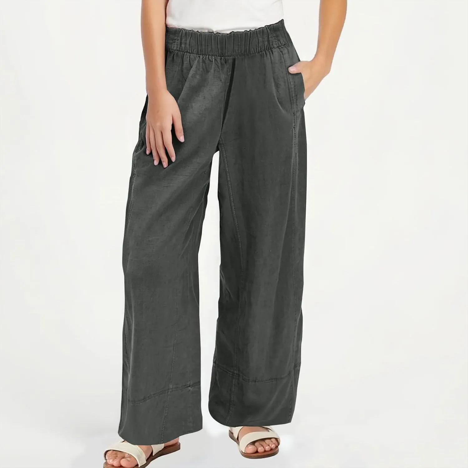 Womens Linen Pants with Pocket Summer High Waist Casual Wide Leg Pants Plus Size Trendy Flowy Palazzo Trousers