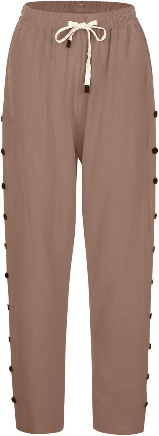 Womens Linen Pants with Pockets High Waist Comfy White Gauze Cropped Pants Casual Lightweight Loose Buttons Trousers