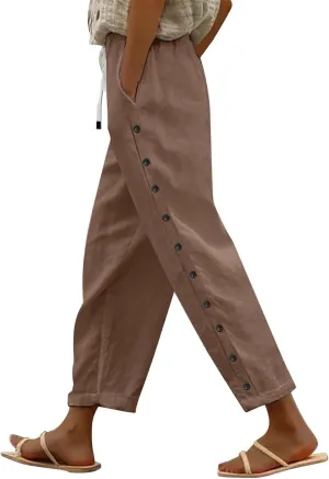 Womens Linen Pants with Pockets High Waist Comfy White Gauze Cropped Pants Casual Lightweight Loose Buttons Trousers