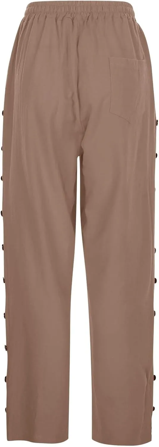 Womens Linen Pants with Pockets High Waist Comfy White Gauze Cropped Pants Casual Lightweight Loose Buttons Trousers
