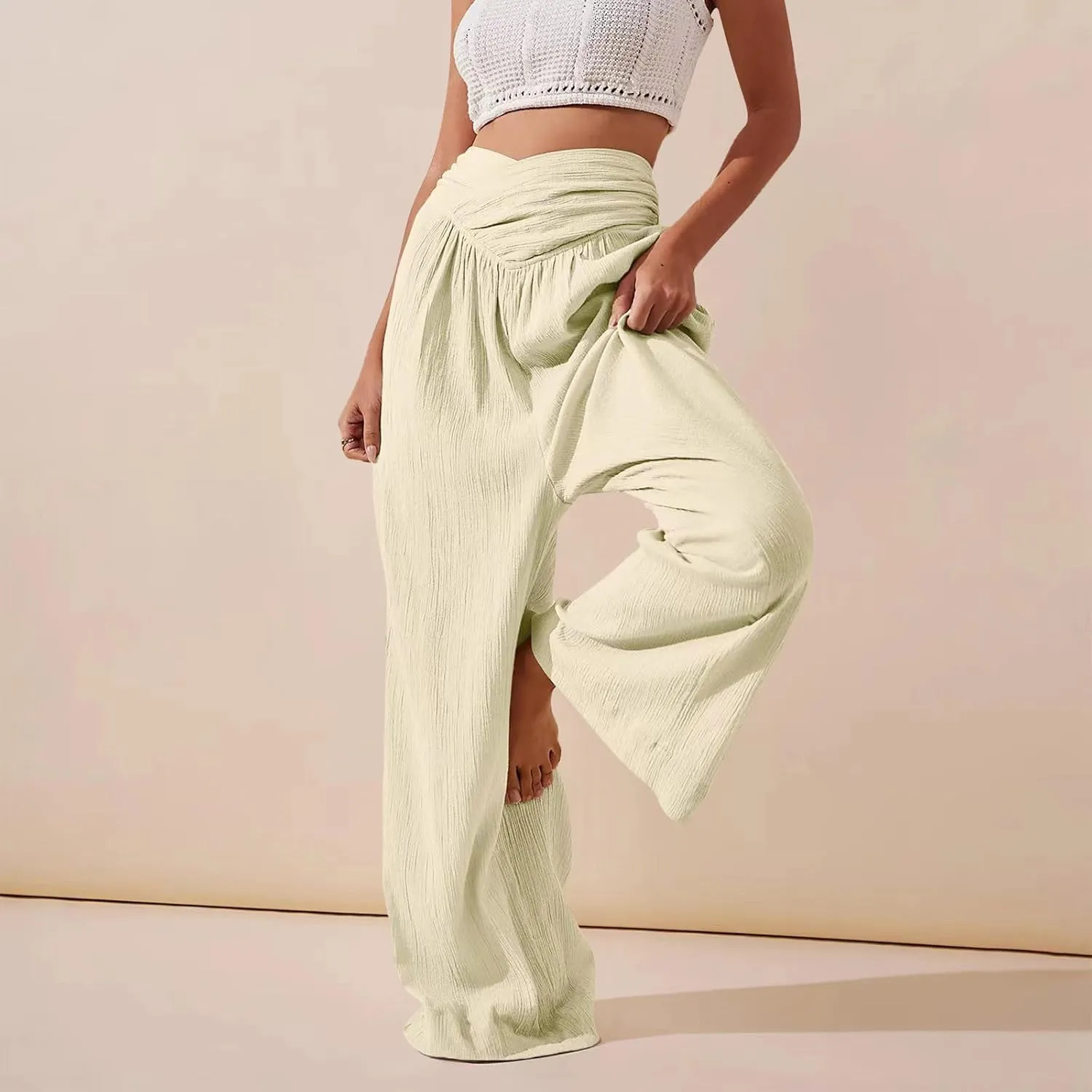 Women's Linen Wide Leg Palazzo Pants Loose Fit Straight Leg High Waisted Casual Long Trousers Summer Beach Solid Color Pants