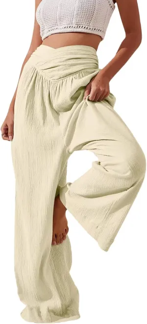 Women's Linen Wide Leg Palazzo Pants Loose Fit Straight Leg High Waisted Casual Long Trousers Summer Beach Solid Color Pants
