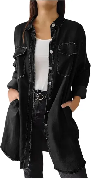 Womens Long Denim Jackets Plus Size Trench Coat Open Front Cardigan Button Down Long Sleeve Classic Jeans Jackets