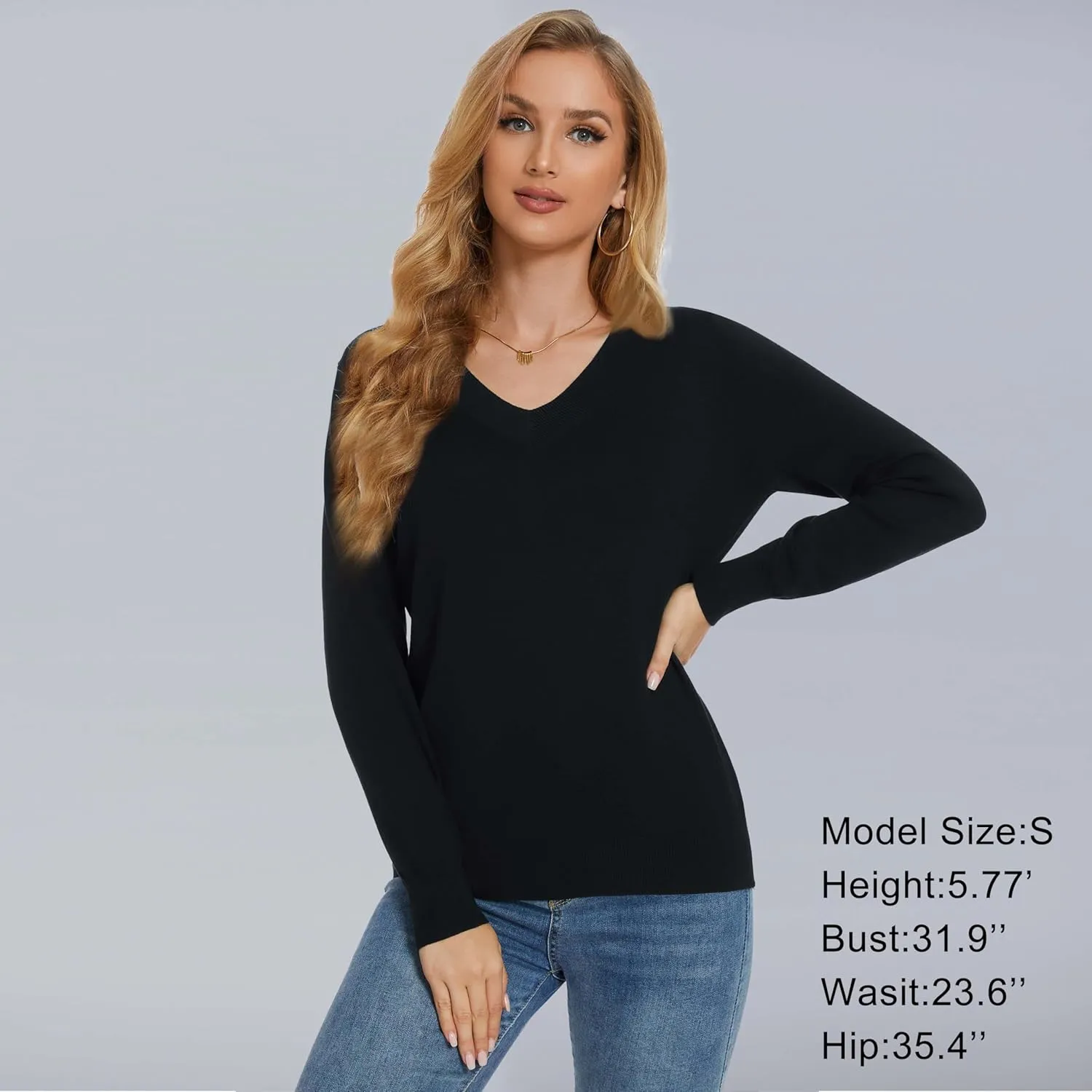Women's Long-Sleeve Pullover Lightweight Soft V-Neck Casual Sweater Top