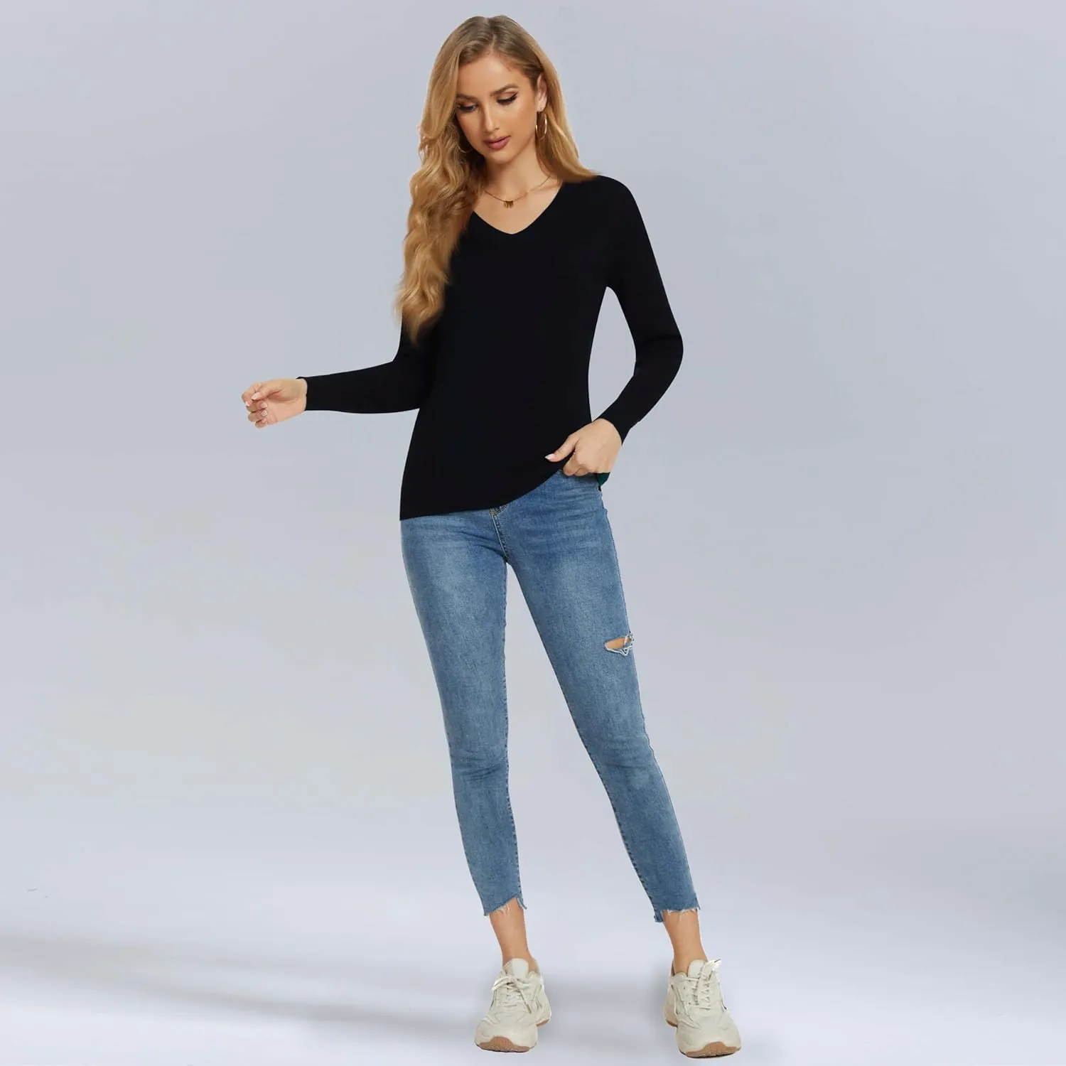 Women's Long-Sleeve Pullover Lightweight Soft V-Neck Casual Sweater Top