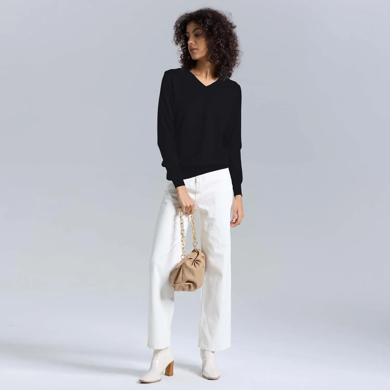 Women's Long-Sleeve Pullover Lightweight Soft V-Neck Casual Sweater Top