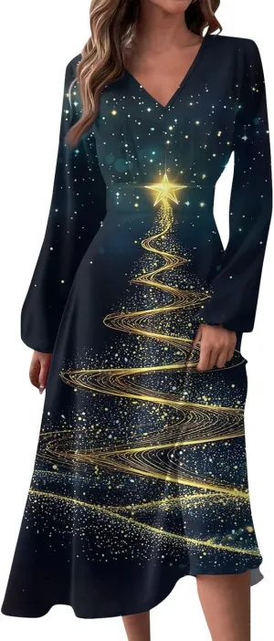 Womens Long Sleeve Trendy Dresses 2024 V-Neck Dressy Midi Casual Christmas Printed Fashion Swing Dress