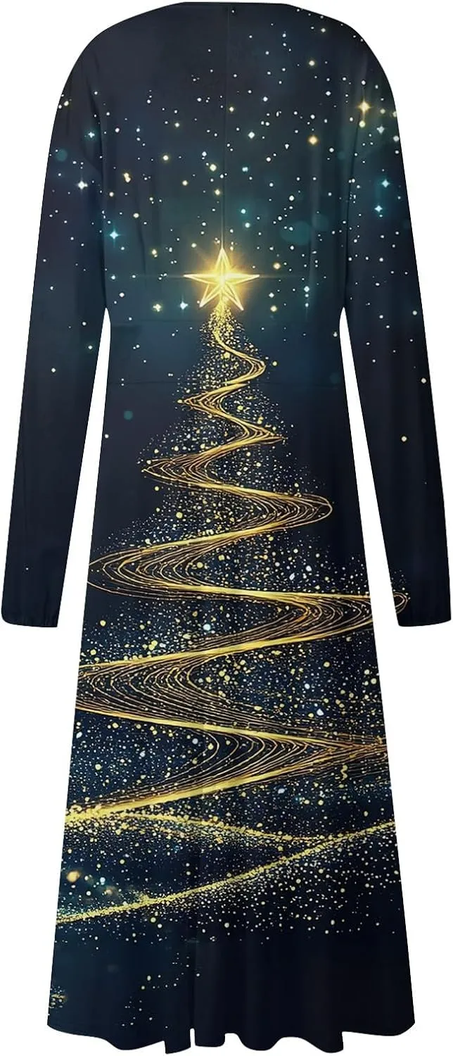 Womens Long Sleeve Trendy Dresses 2024 V-Neck Dressy Midi Casual Christmas Printed Fashion Swing Dress