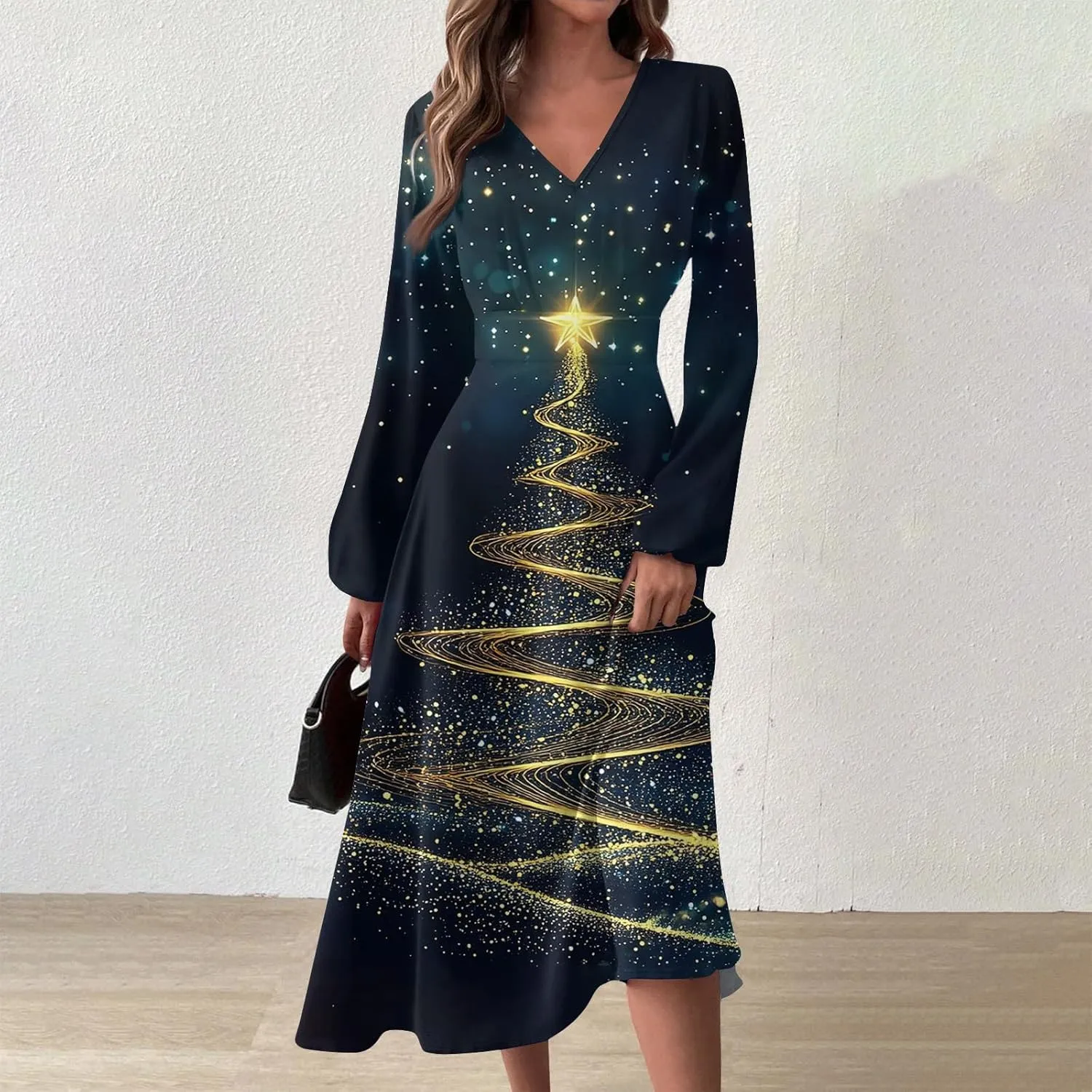 Womens Long Sleeve Trendy Dresses 2024 V-Neck Dressy Midi Casual Christmas Printed Fashion Swing Dress