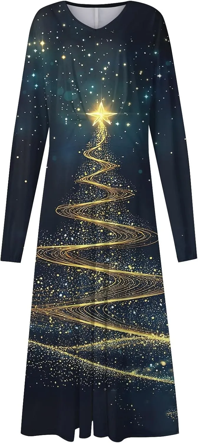 Womens Long Sleeve Trendy Dresses 2024 V-Neck Dressy Midi Casual Christmas Printed Fashion Swing Dress