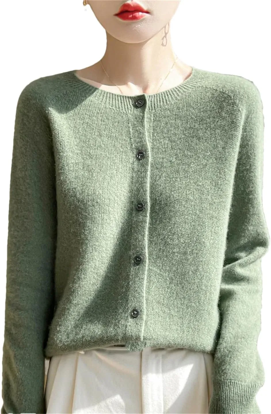 Women's Merino Wool Sweater O Neck Long Sleeve Cardigan Regular Fit Top