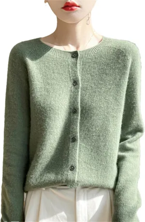 Women's Merino Wool Sweater O Neck Long Sleeve Cardigan Regular Fit Top