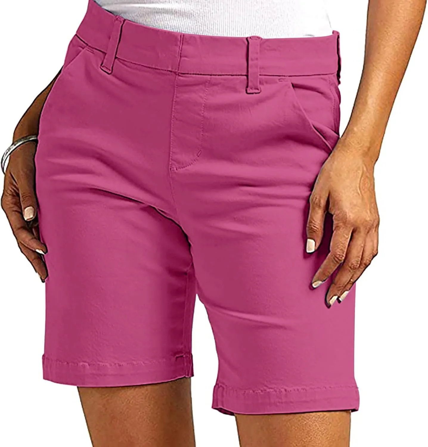 Women's Mid Rise Slim Fit Chino Bermuda Shorts Ultra Lux Comfort Walking Super Comfy Business Casual Pants