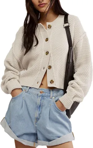 Women's Oversized Cropped Cardigan Sweater Open Front Long Sleeve Button Down Knit Outwear
