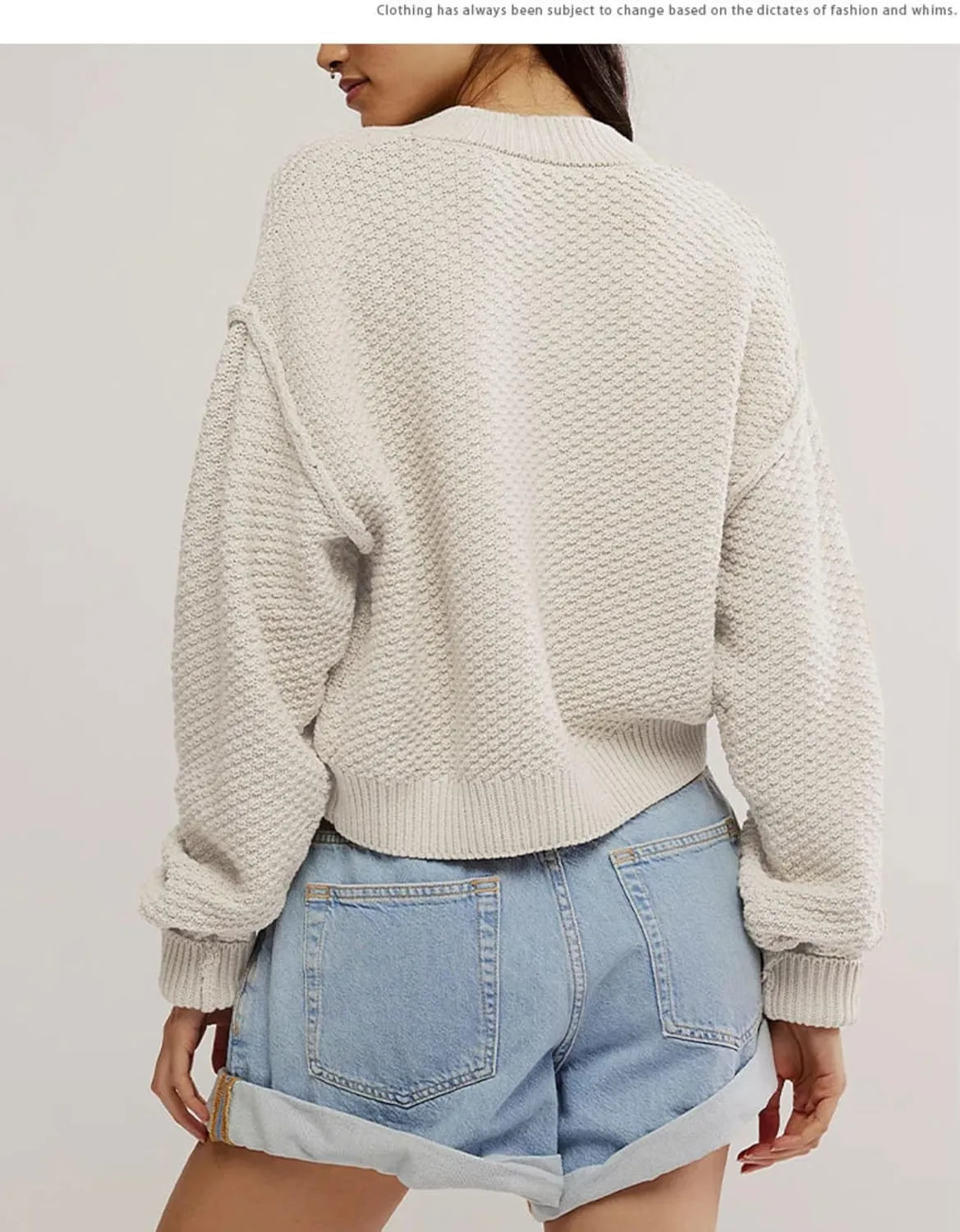 Women's Oversized Cropped Cardigan Sweater Open Front Long Sleeve Button Down Knit Outwear