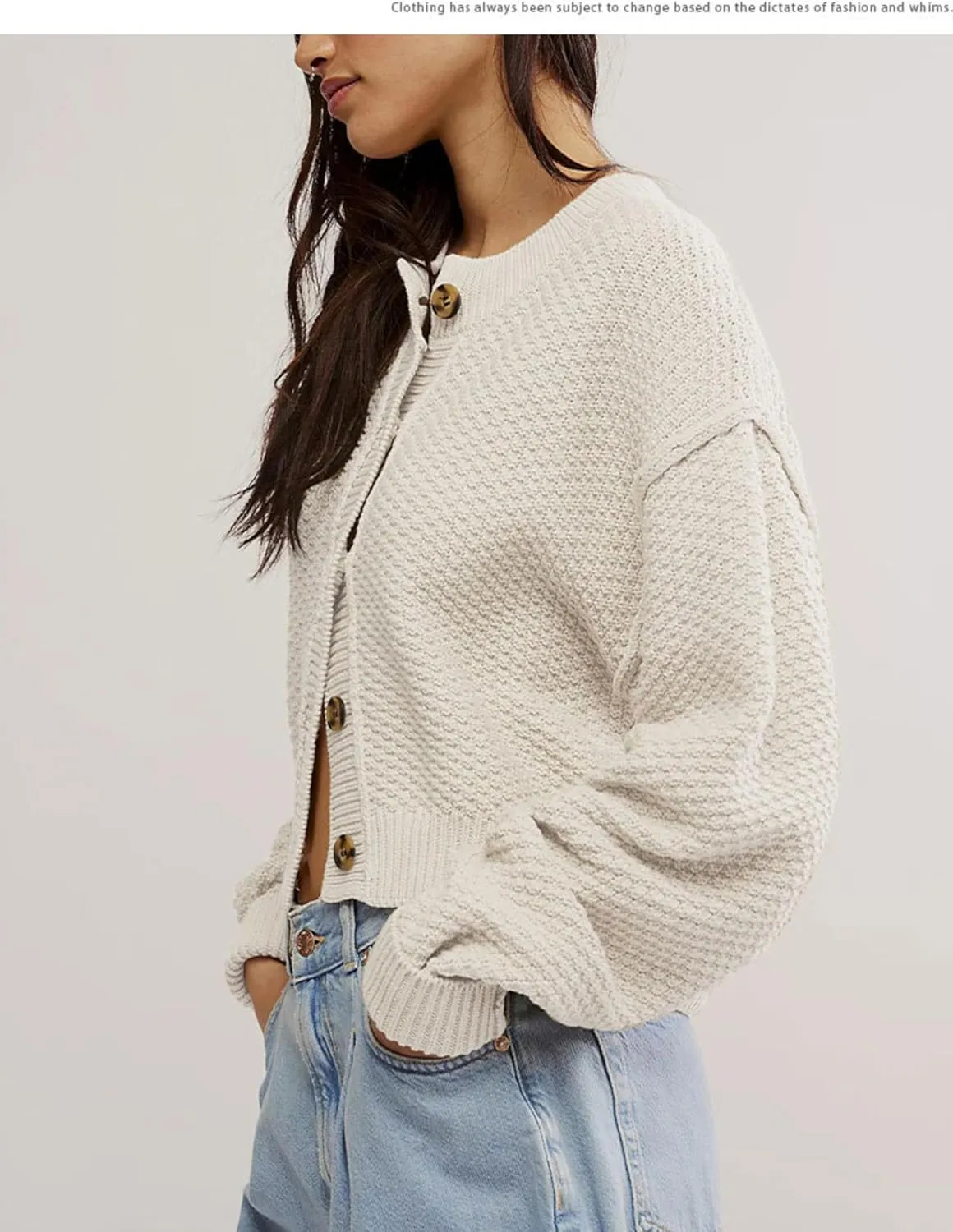 Women's Oversized Cropped Cardigan Sweater Open Front Long Sleeve Button Down Knit Outwear
