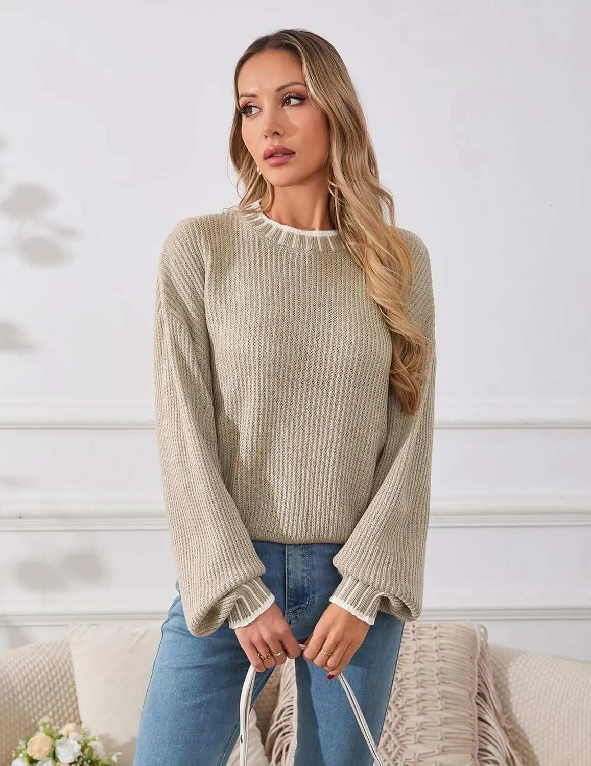 Womens Oversized Lightweight Cute Striped Cropped Sweater Spring 2025 Knitted Crew Neck Thin Crop Pullover Tops