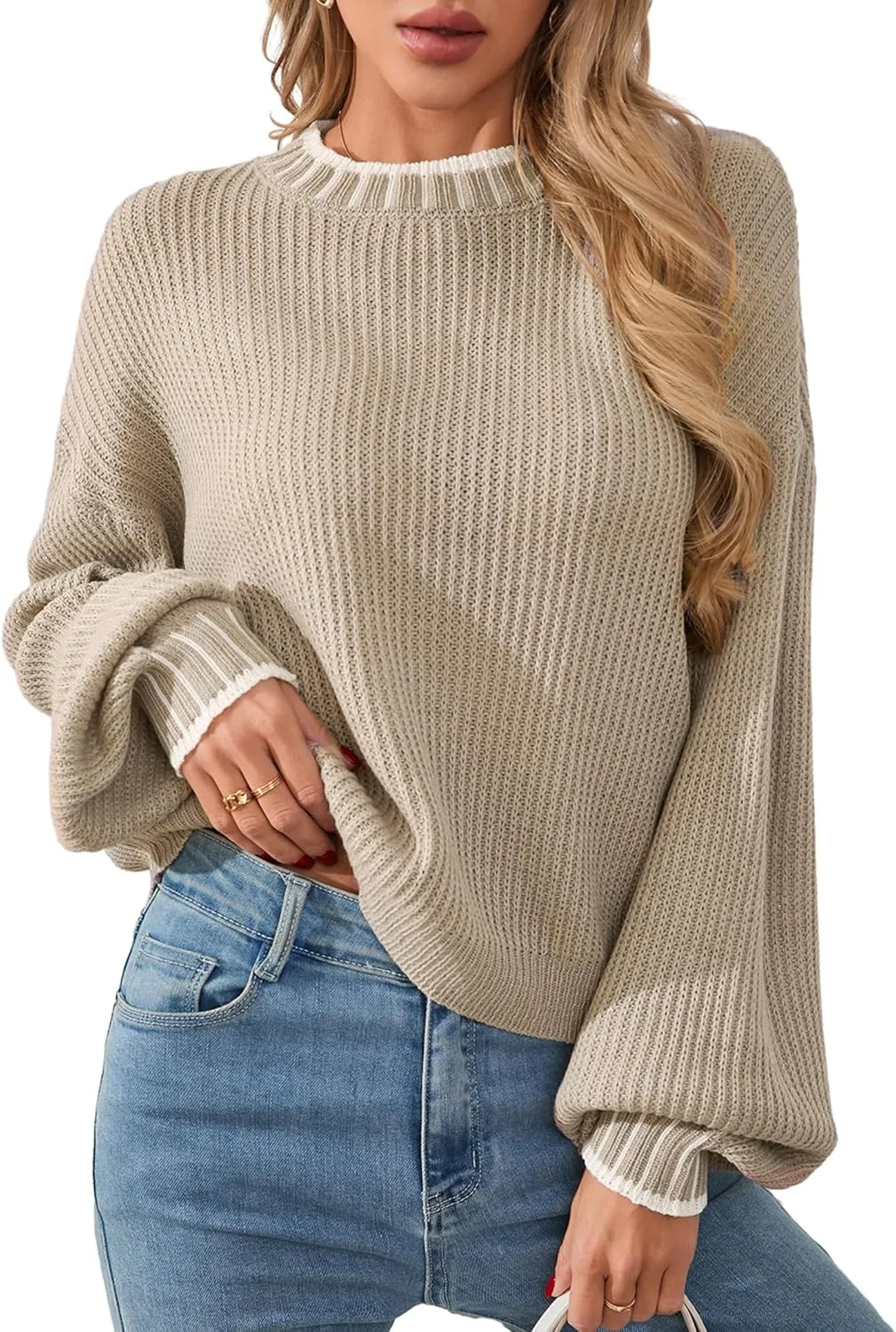 Womens Oversized Lightweight Cute Striped Cropped Sweater Spring 2025 Knitted Crew Neck Thin Crop Pullover Tops