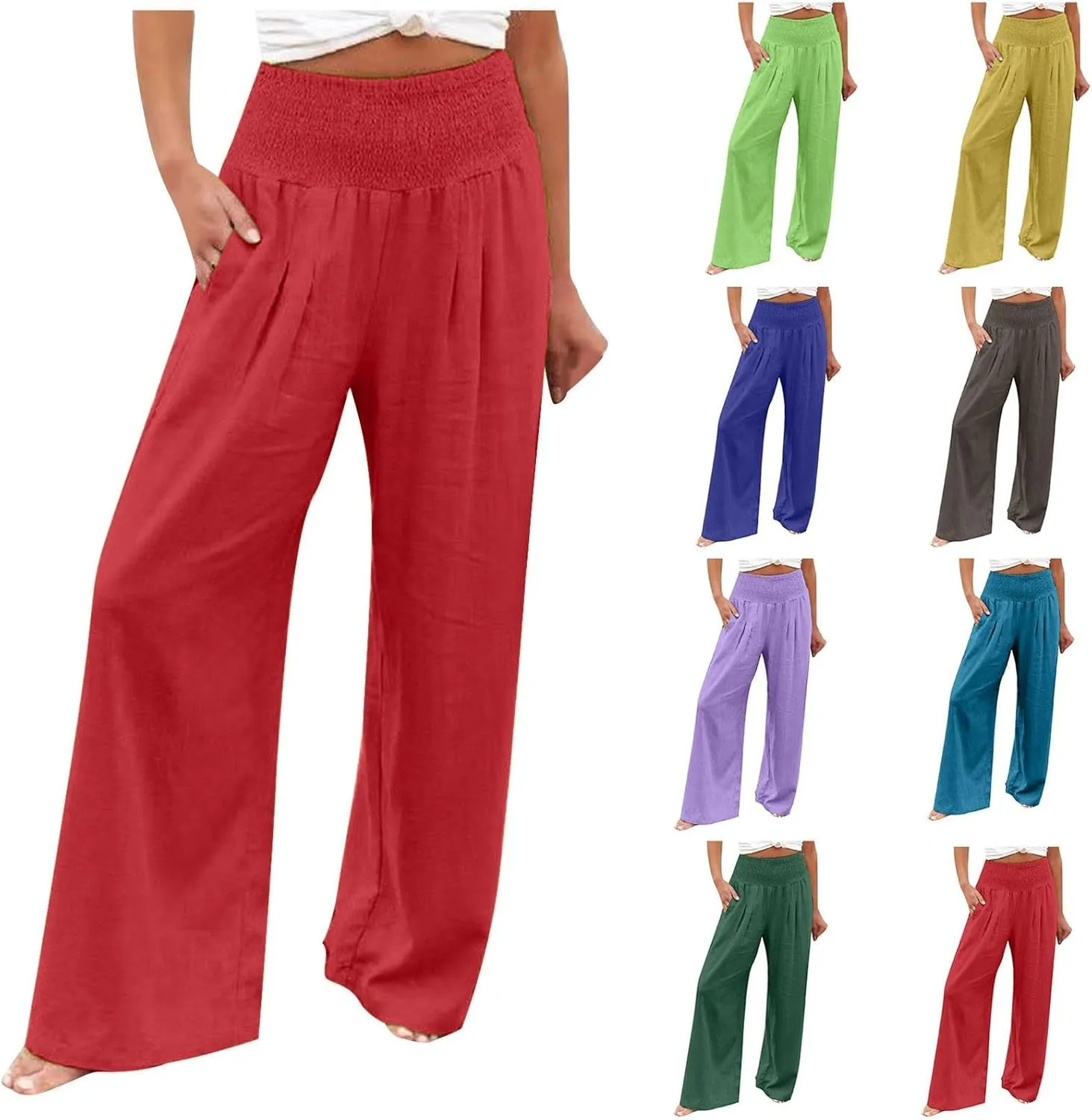 Womens Palazzo Pants Casual Smocked Elastic High Waist Wide Leg Trousers Summer Beach Pants Flowy Linen Lounge Pants