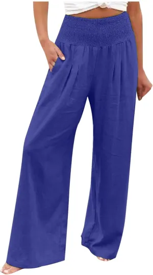 Womens Palazzo Pants Casual Smocked Elastic High Waist Wide Leg Trousers Summer Beach Pants Flowy Linen Lounge Pants