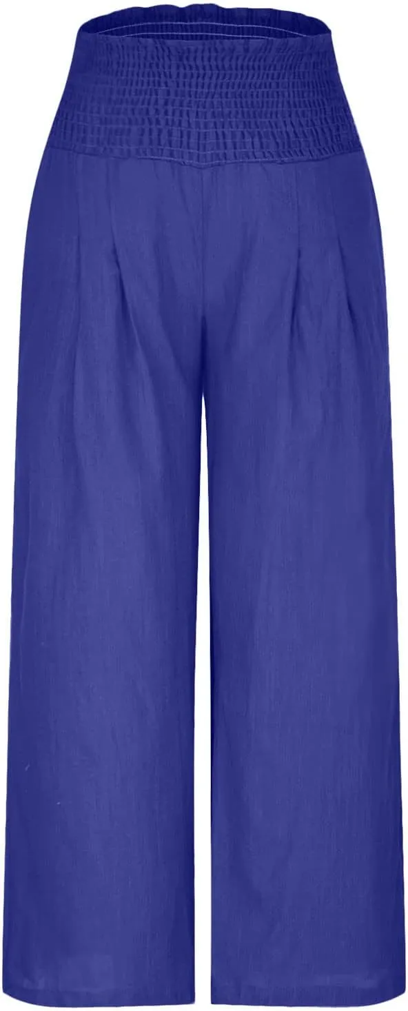 Womens Palazzo Pants Casual Smocked Elastic High Waist Wide Leg Trousers Summer Beach Pants Flowy Linen Lounge Pants