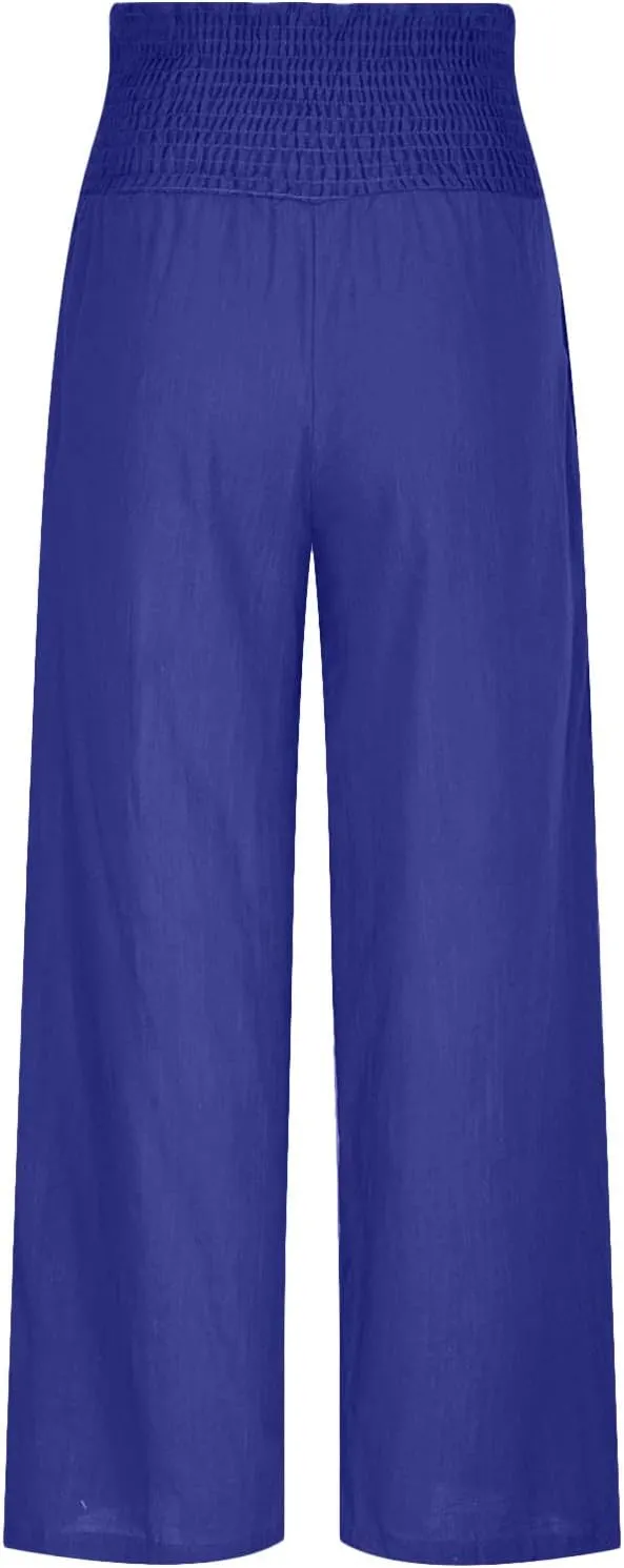 Womens Palazzo Pants Casual Smocked Elastic High Waist Wide Leg Trousers Summer Beach Pants Flowy Linen Lounge Pants