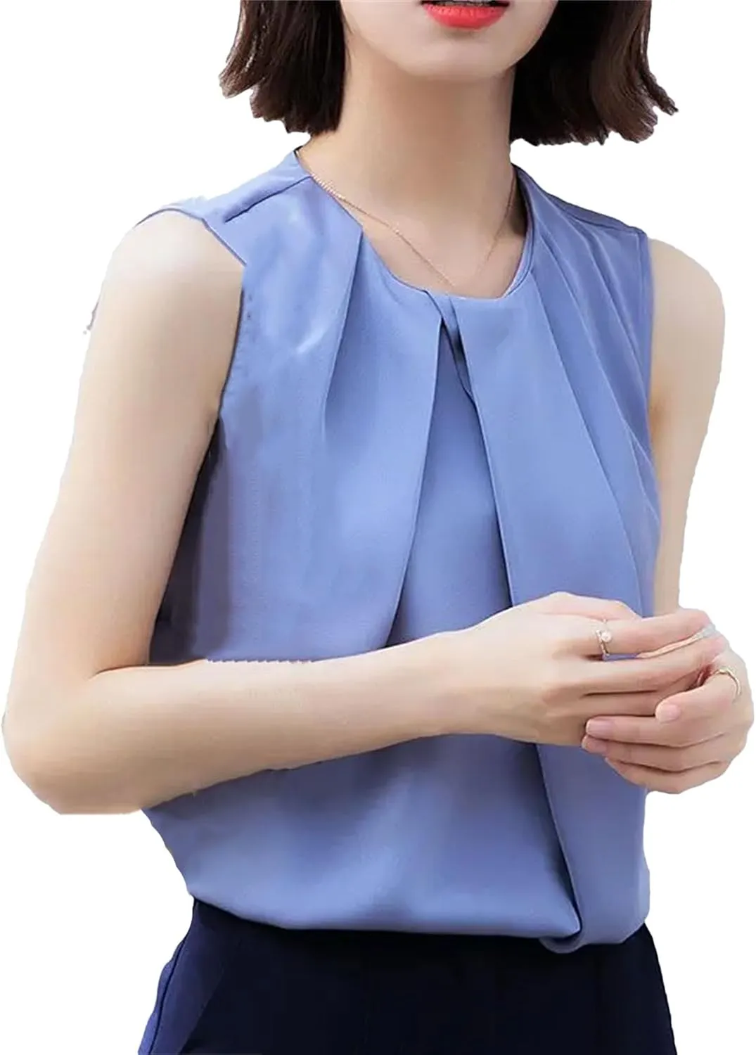 Women's Pleated Satin Tank Top & Camisole - Summer Round Neck Blouse Vest Lightweight Loose Fit Casual & Work Office Shirt