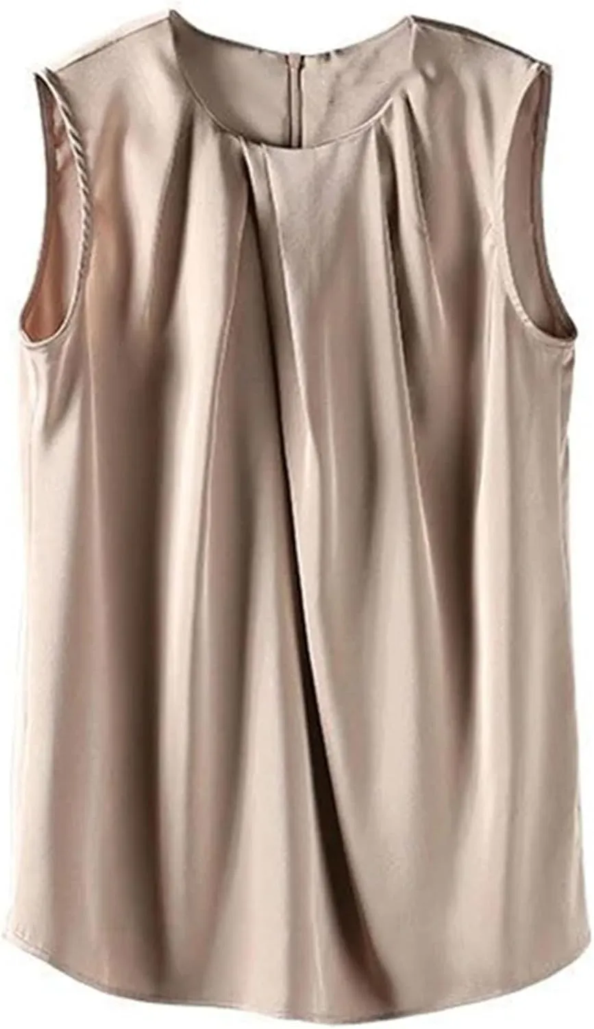 Women's Pleated Satin Tank Top & Camisole - Summer Round Neck Blouse Vest Lightweight Loose Fit Casual & Work Office Shirt