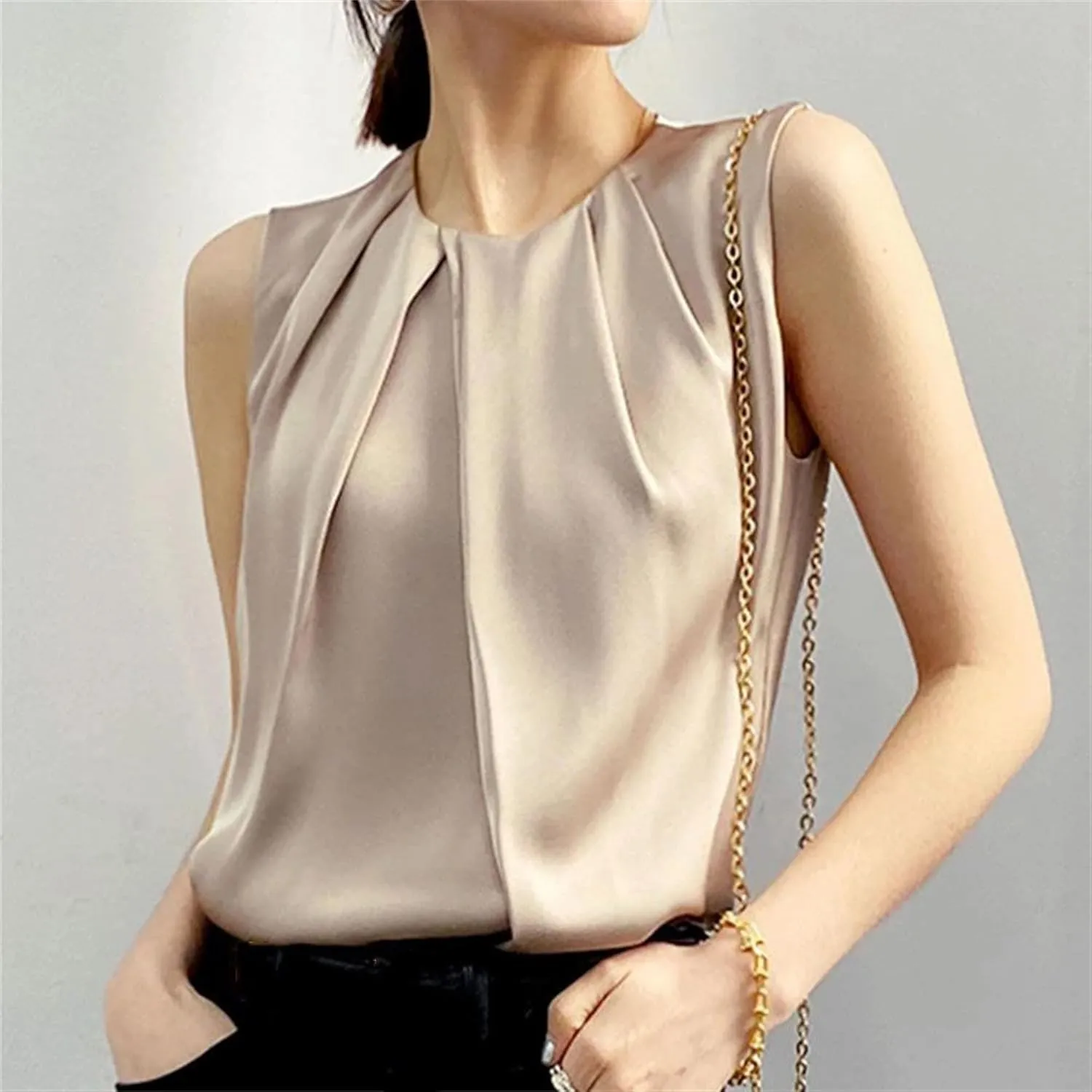 Women's Pleated Satin Tank Top & Camisole - Summer Round Neck Blouse Vest Lightweight Loose Fit Casual & Work Office Shirt