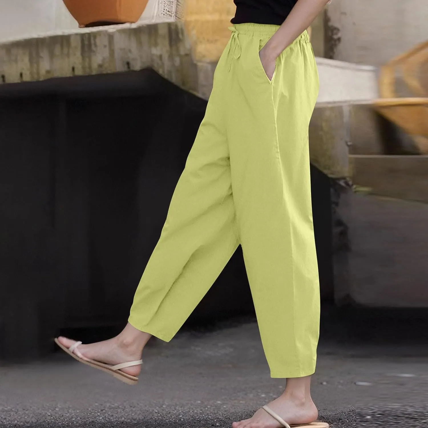 Womens Plus Size Linen Pants Summer High Waisted Wide Leg Pants Lightweight Baggy Boho Beach Lounge Trousers Pockets