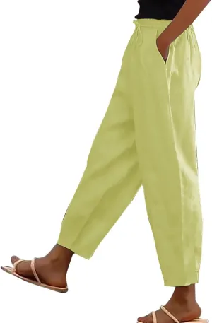 Womens Plus Size Linen Pants Summer High Waisted Wide Leg Pants Lightweight Baggy Boho Beach Lounge Trousers Pockets