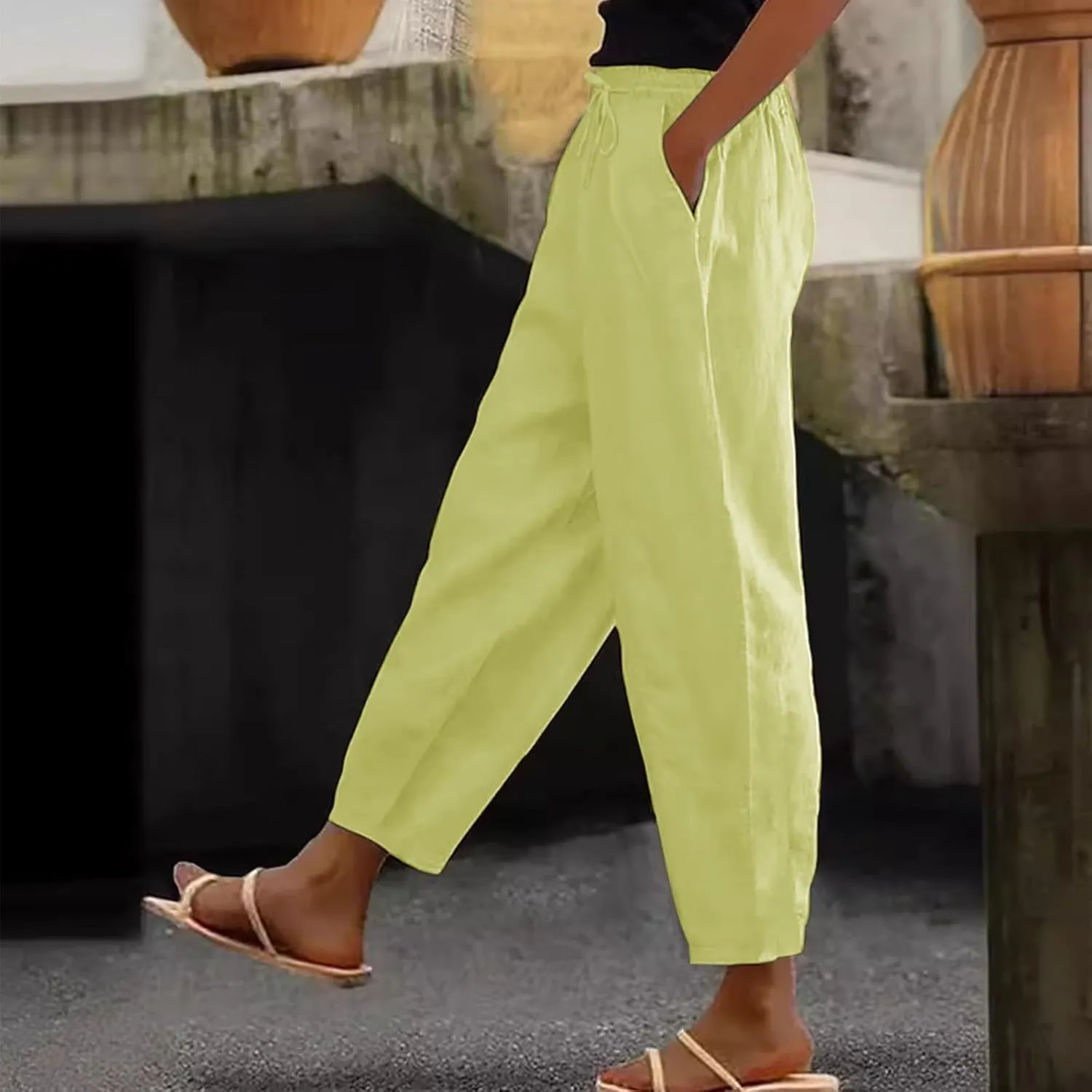 Womens Plus Size Linen Pants Summer High Waisted Wide Leg Pants Lightweight Baggy Boho Beach Lounge Trousers Pockets