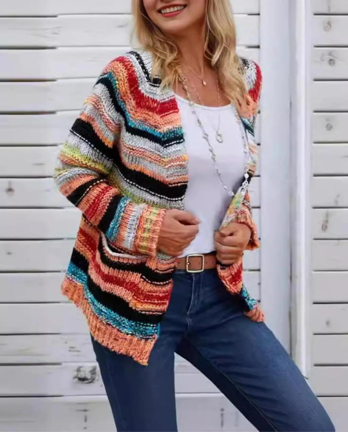 Women's Rainbow Striped Cardigan Sweater Chunky Long Sleeve Multicolor Open Front Sweater Soft Outerwear Coats