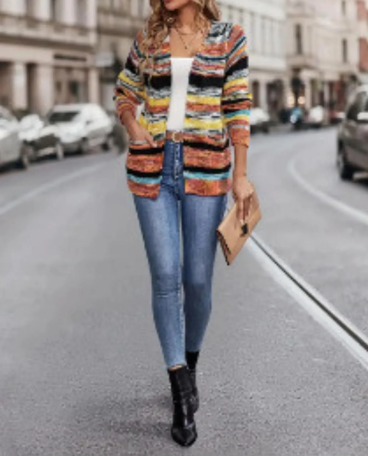 Women's Rainbow Striped Cardigan Sweater Chunky Long Sleeve Multicolor Open Front Sweater Soft Outerwear Coats