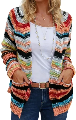 Women's Rainbow Striped Cardigan Sweater Chunky Long Sleeve Multicolor Open Front Sweater Soft Outerwear Coats