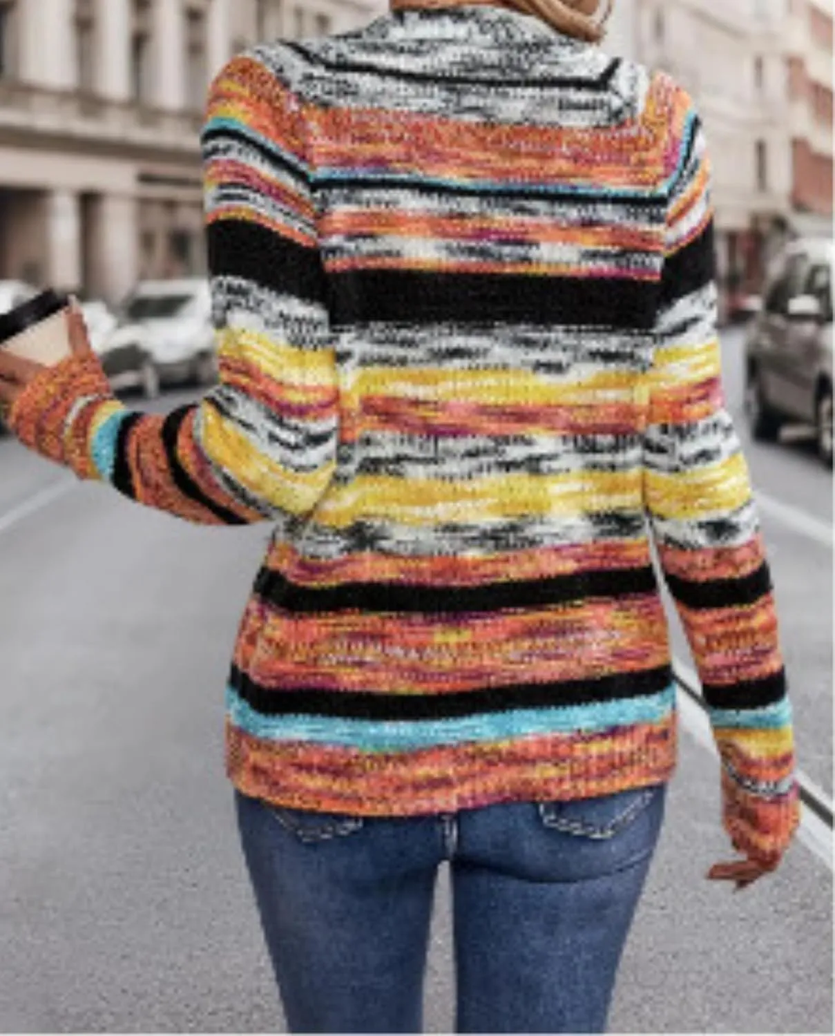 Women's Rainbow Striped Cardigan Sweater Chunky Long Sleeve Multicolor Open Front Sweater Soft Outerwear Coats