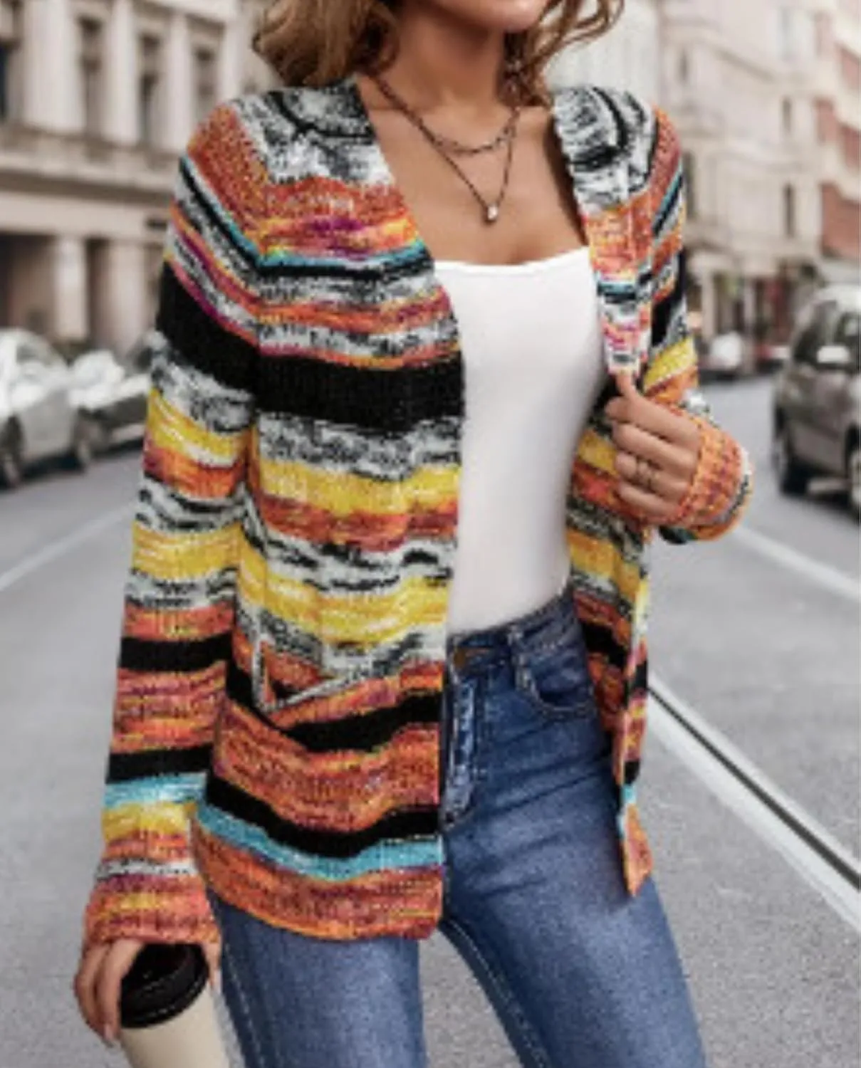 Women's Rainbow Striped Cardigan Sweater Chunky Long Sleeve Multicolor Open Front Sweater Soft Outerwear Coats