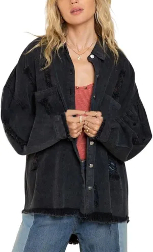 Women's Ripped Distressed Jean Jacket Vintage Oversized Frayed Washed Denim Jacket Boyfriend Western Shacket Coat