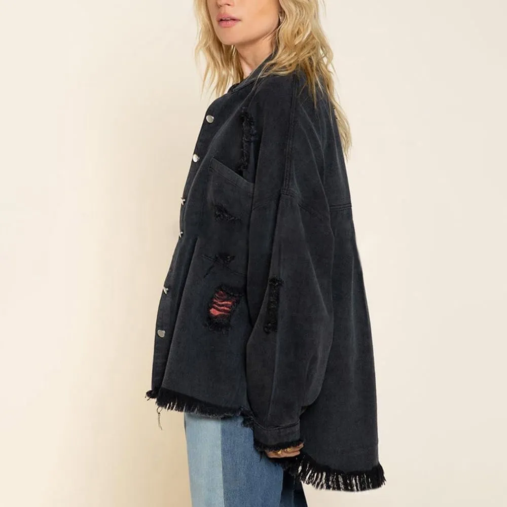 Women's Ripped Distressed Jean Jacket Vintage Oversized Frayed Washed Denim Jacket Boyfriend Western Shacket Coat