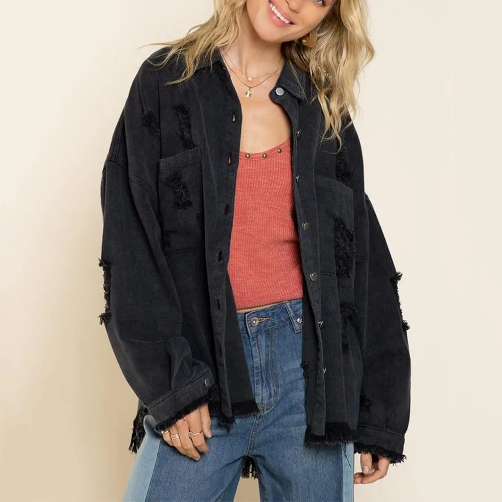 Women's Ripped Distressed Jean Jacket Vintage Oversized Frayed Washed Denim Jacket Boyfriend Western Shacket Coat