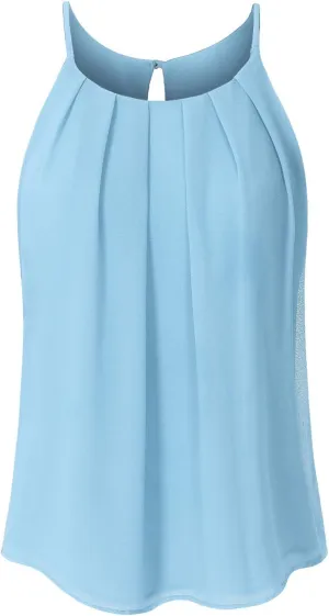 Women's Round Neck Pleated Double Layered Chiffon Cami Tank Top (S~3XL)