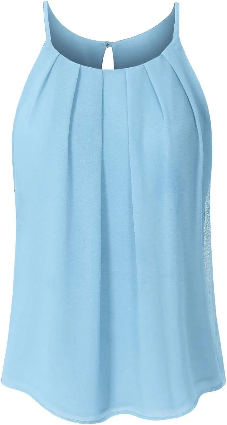 Women's Round Neck Pleated Double Layered Chiffon Cami Tank Top (S~3XL)