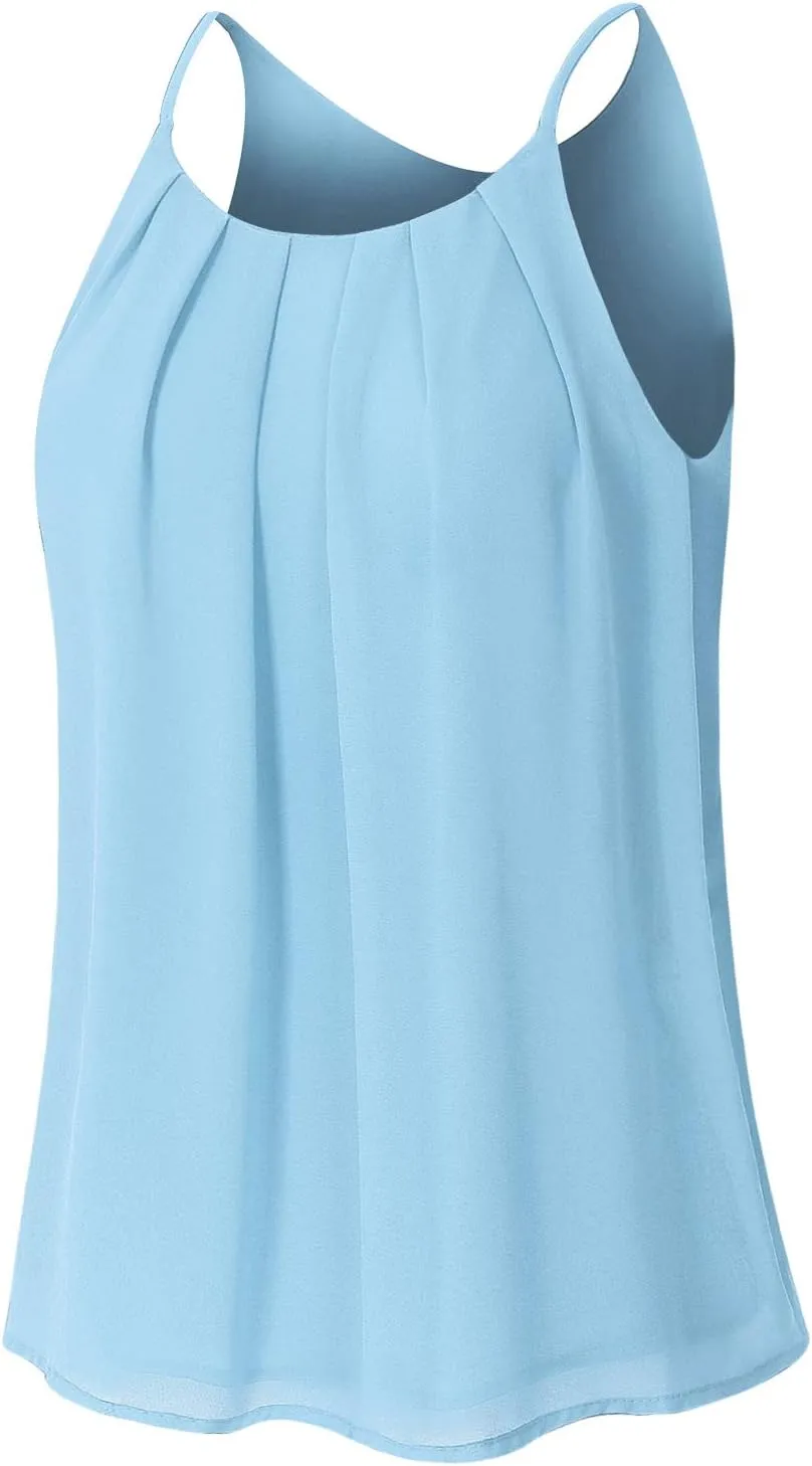 Women's Round Neck Pleated Double Layered Chiffon Cami Tank Top (S~3XL)