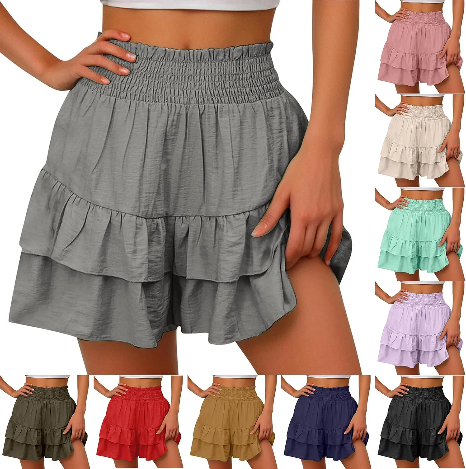 Womens Ruffle Flowy Shorts Casual Boho Elastic High Waisted Butterfly Shorts Cute Summer Tiered Tennis Skorts for Women